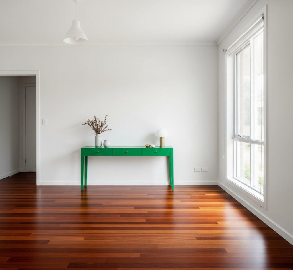 Green console table in a minimal living room