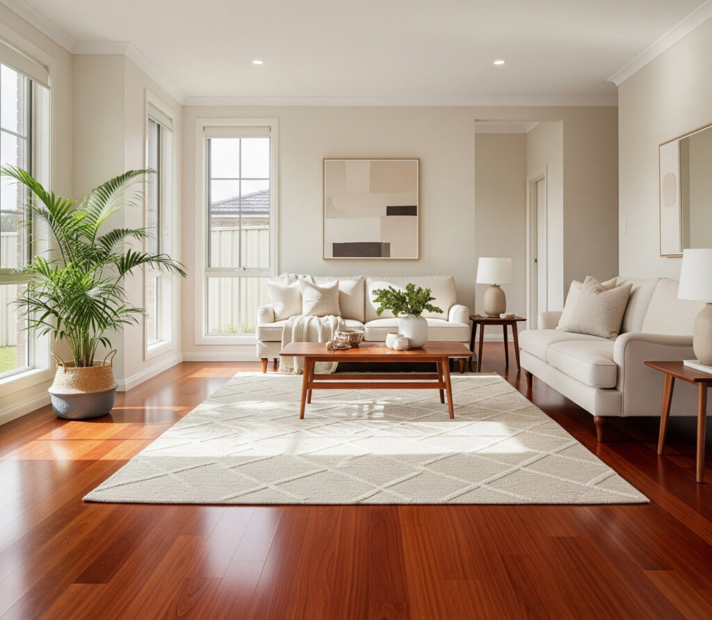 Light beige rug on jarrah floors